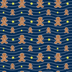 Seamless christmas pattern with gingerbread man stars on a blue background. Cute vector illustration.