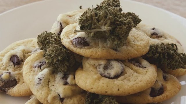 Camera track around cookies and bud on plate