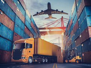 Fototapeta Transportation and logistics of Container Cargo ship and Cargo plane. obraz
