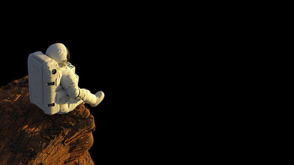 astronaut on planet Mars sitting on a cliff, isolated on black background