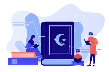 Muslim family in traditional clothes reading holy book Quran, tiny people. Five Pillars of Islam, Islamic calendar, Islamic culture concept. Pinkish coral bluevector isolated illustration