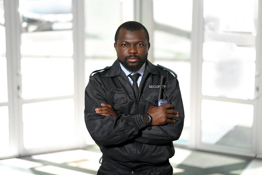 African-American security guard in building