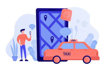 A man near huge smartphone with city map and gps tags on the screen calls a taxi. Navigation apps, smart public transport, IoT and smart city concept, violet palette. Vector illustration on background