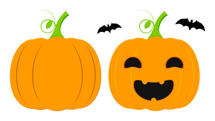 Pumpkin lantern icon, Halloween symbol, flat design template, spooky smile, vector illustration