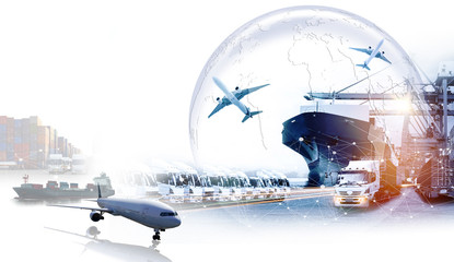Logistics and transportation of Container Cargo ship and Cargo plane with working crane bridge in...
