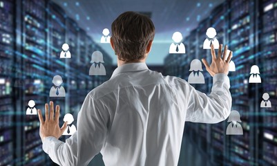 Businessman and internet and virtual reality concept - businessman pressing button on virtual...