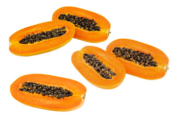 set of half ripe papaya isolated on white background