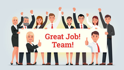 Business managers team holding banner great job