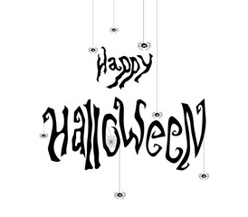 Happy Halloween banner with hand drawn text, spider web and spiders.  Vector background