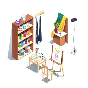 Modern painter artist workshop room with paints