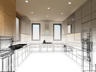 abstract sketch design of interior kitchen ,3d rendering