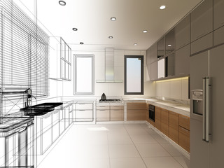 abstract sketch design of interior kitchen ,3d rendering