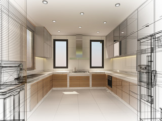 abstract sketch design of interior kitchen ,3d rendering