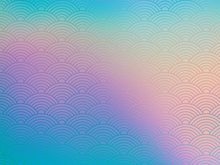 Pastel background with traditional japanese wave pattern designs and 90's anime sky gradient colors