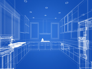 abstract sketch design of interior kitchen ,3d rendering
