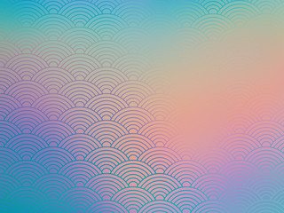 Pastel background with traditional japanese wave pattern designs and 90's anime sky gradient colors