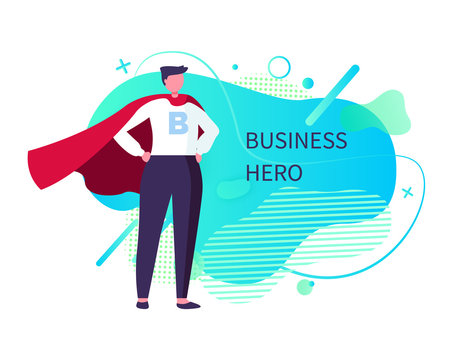 Business hero vector, man wearing suit and mantle standing in brace posture, male saving world, super business man with powers and abilities. Abstract design