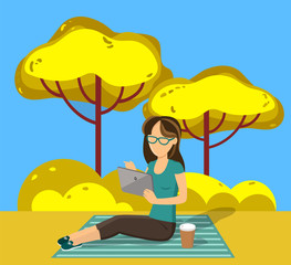 Woman on picnic and city autumn park, girl on blanket with coffee and tablet. Outdoor activity and nature, female character and trees, grass and bushes. Vector illustration in flat cartoon style