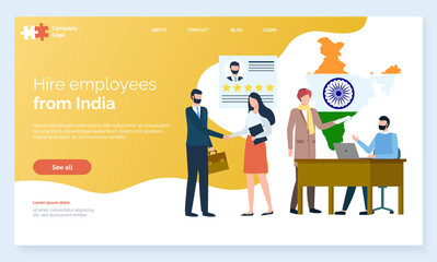 Man hiring employees from oriental countries, indian workers on interview with director of organization. Businessman with people, recruiting. Website or webpage template, landing page flat style