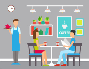 Man and woman in cafeteria, girl holding cup, boy reading menu, standing waiter with teapot. Indoor cafe decorated by pictures, shelf with plants. Girl and boy on dating in coffee cafe. Vector flat