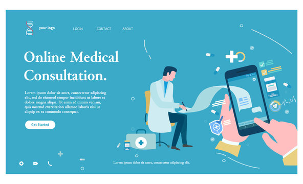 Online medical consultation, patient using cell phone chatting with doctor. Doc helping sick person with help of internet and gadgets. Vector illustration in flat cartoon style