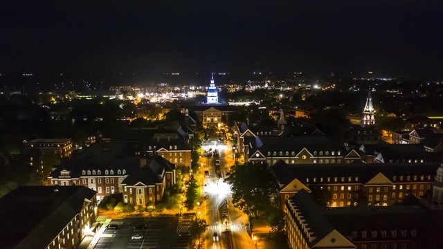 Aerial hyperlapse of Annapolis at night Annapolis is the capital of the US state of Maryland. The drone flies above Bladen street towards State Circle and the Capitol.