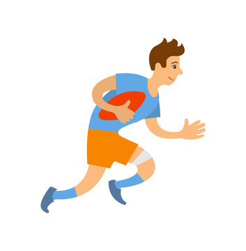 Rugby league football game, isolated character running holding ball in hands. Person wearing uniform flat style, man running with sport equipment. Vector illustration in flat cartoon style