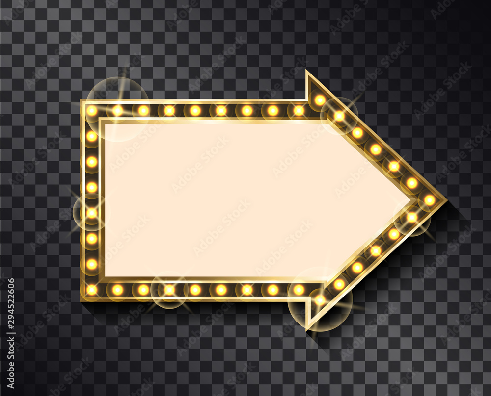 Poster pointer billboard with glittering neon light bulbs isolated on transparent background. vector arrow 