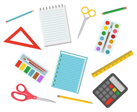 Colorful school supplies isolated on white background. Stationery set of notebook, pencils, scissors, ruler, paints and brush, calculator vector illustration. Back to school concept. Flat cartoon