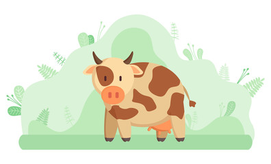 Milk cow, farming and livestock animal or cattle. Domestic mammal with horns and hoofs, breeding and agriculture, meat and dairy product, ranch. Vector illustration in flat cartoon style