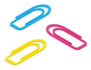 Paperclip is used to hold sheets of paper together and have looped shape. Clips in flat style covered in color plastic and isolated on white. Back to school concept. Flat cartoon isometric 3d