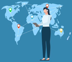 Woman communicating with partners, map with location sings pointers connection. International business support, assistant secretary with tablet. Vector illustration in flat cartoon style