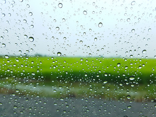 Rain drop on window glass with blur grass fields background