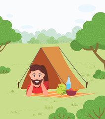 Obraz na płótnie Canvas Outdoor activity, camping and man in tent, camper on picnic. Nature and leisure, pastime, sport or recreation, meadow in forest, walking tour. Vector illustration in flat cartoon style