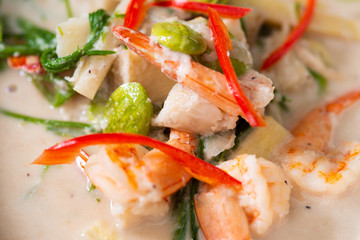 Bolied Coconut Milk Soup , Prawn ,  Bamboo shoot , Bitter bean And Senegalia pennata .