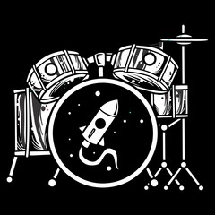 Black and white Drum set, vector illustration. Drums isolated on white background