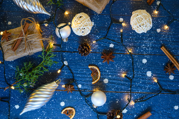 Christmas gifts, garland, toys. New Year background