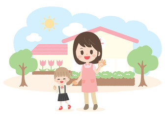Illustration of kindergarten and teacher holding hands