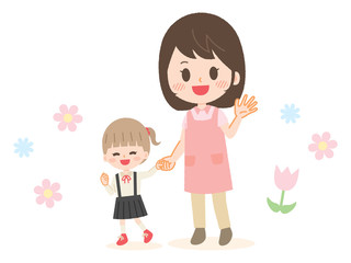 Illustration of kindergarten and teacher holding hands