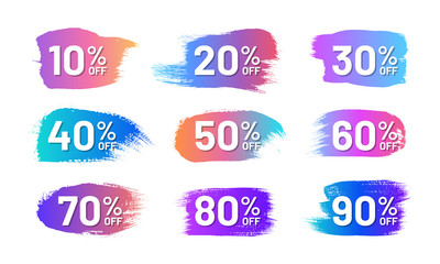 Colorful retail labels set in shape of paintbrush stroke. From 10 to 90 percent off stickers. Flat gradient design isolated on white background. Commercial advertisement and promotion campaign.