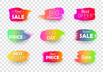 Colorful retail labels set in shape of paintbrush stroke. Big discount, super sale, best offer and other. Flat gradient design on transparent background. Commercial advertisement and promotion.