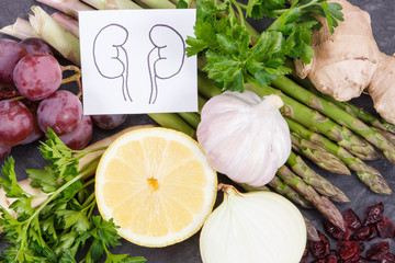 Drawing of kidneys and healthy eating containing vitamins and minerals
