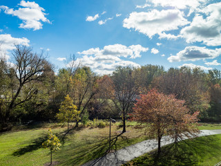 Kutzky Park with fall foliage on sunny day, changing leaves, Rochester, Minnesota