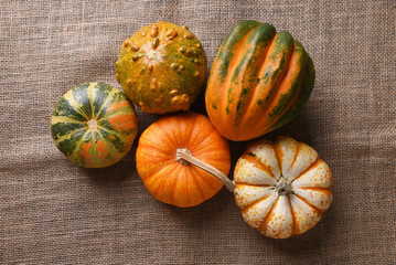 High angle shot of a group of autumn gourds, squash and pumpkins on burlap.