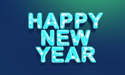 Happy New Year . Festive illustration of 3D numbers from colored neon blue glass with silver stars inside on a blue-green gradient chameleon background. Realistic 3d sign. 