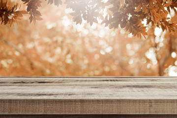 Wooden table and blurred garden autumn nature background.