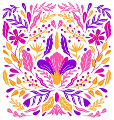 Ethnic folk flower bright color in white background.Symmetry specular composition.Traditional ornament.