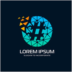 hashtag negative space in circle with network concept. circuit concept. technology digital logo template - vector