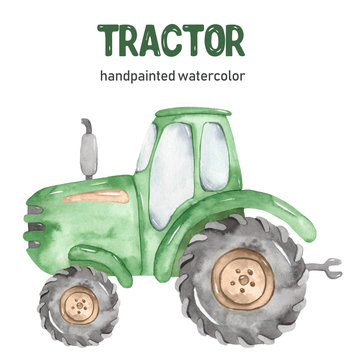 Watercolor Green Tractor Clipart On White Background