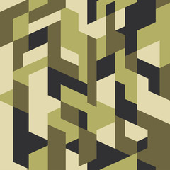 Olive camouflage pattern background seamless vector illustration. Urban clothing style, camo with isometric geometric shapes, repeat print. Green and black colors texture. 